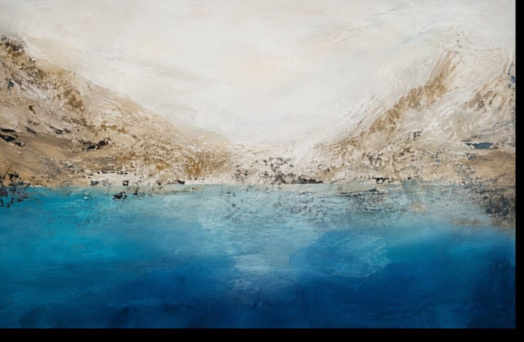 Cuadro abstracto Horizontes de Adriana Fernández, 130 × 75 cm, superficie con textura y relieve